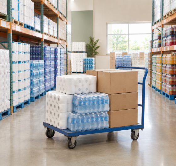 Warehouse club aisle with bulk goods and a flatbed cart