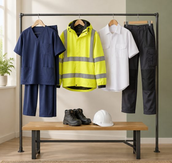 Workwear, uniforms and medical scrubs with work boots